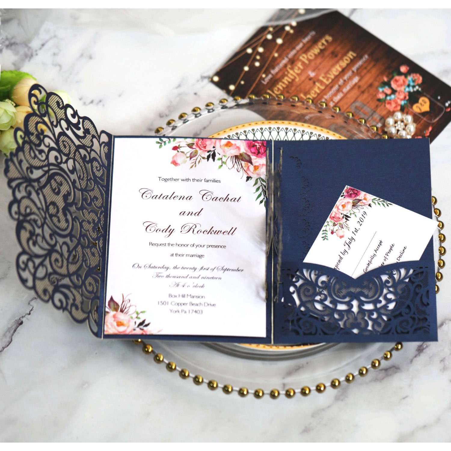 3D Wedding Invitation Card Dark-blue Laser Cut Paper
